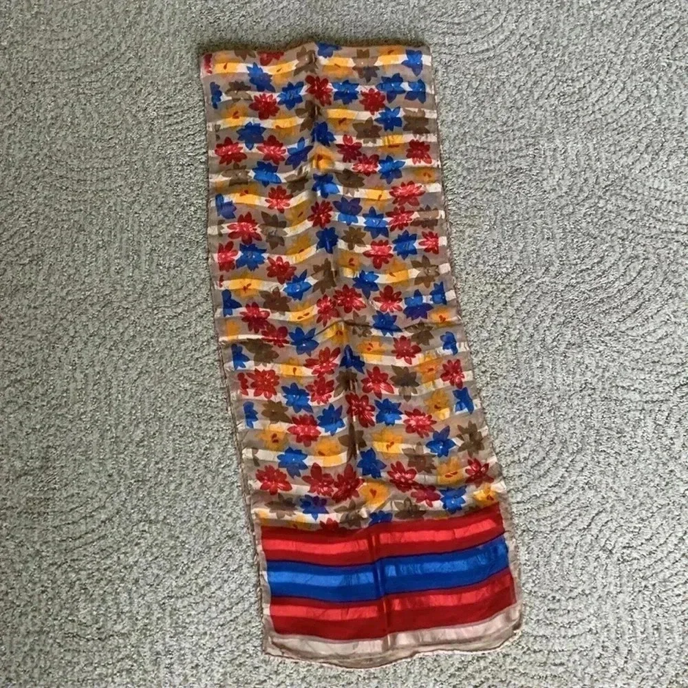 Floral print, silk scarf, red blue, yellow, and tan